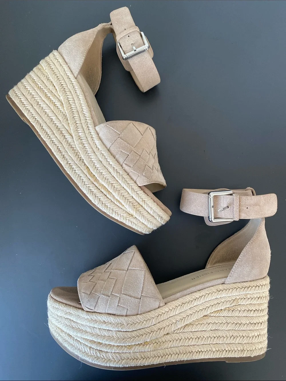 Marc Fisher Taupe Woven Suede Espadrille Wedge Sandals Ankle Strap Sz 7.5 Beach